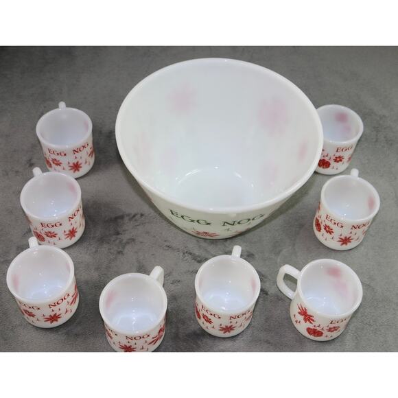 Vintage Fire King Snowflake Egg Nog Bowl and 8 Cups Anchor Hocking - Picture 3 of 12